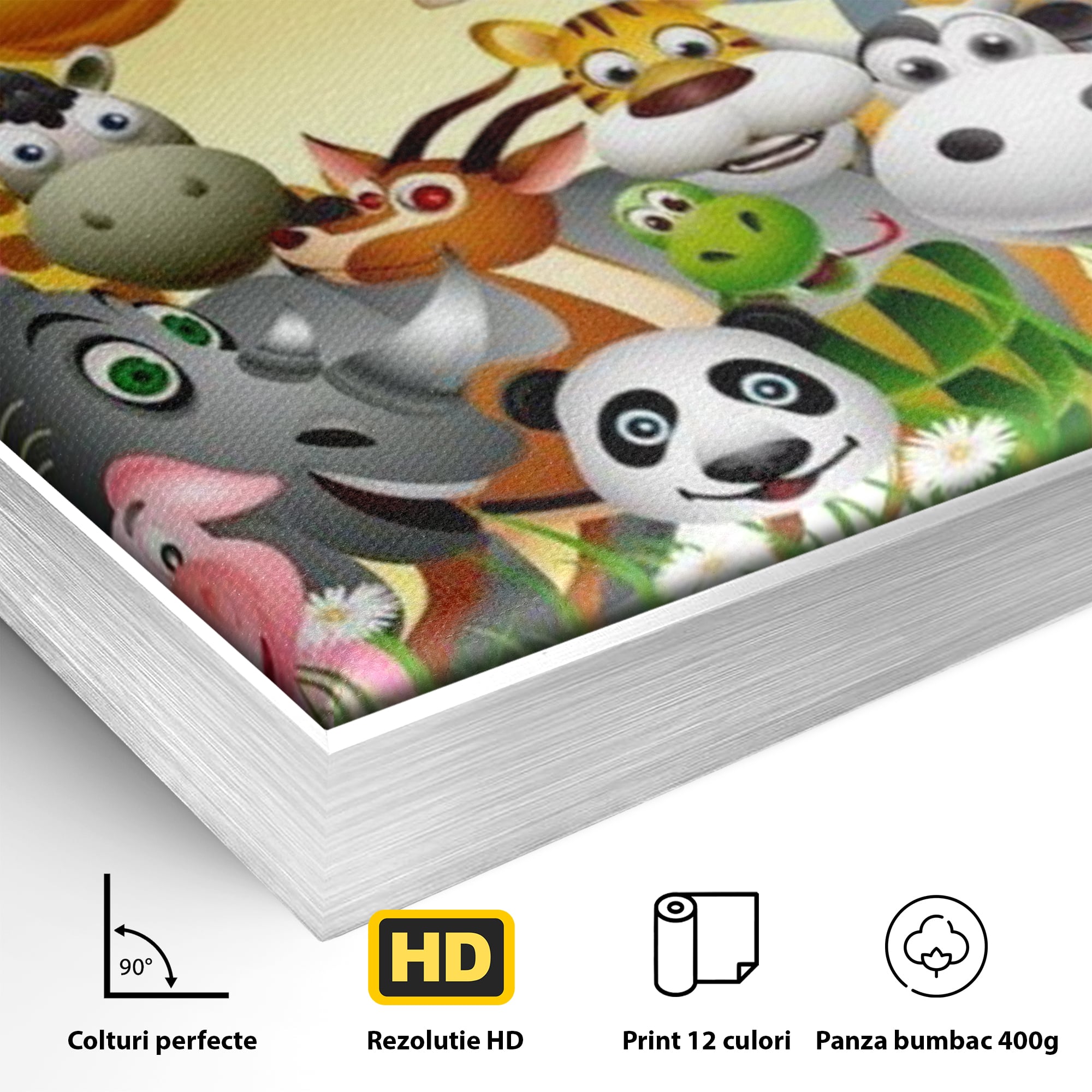 Detaliu al suprafetei: tablou canvas cu animale din jungla, in rama de aluminiu argintiu